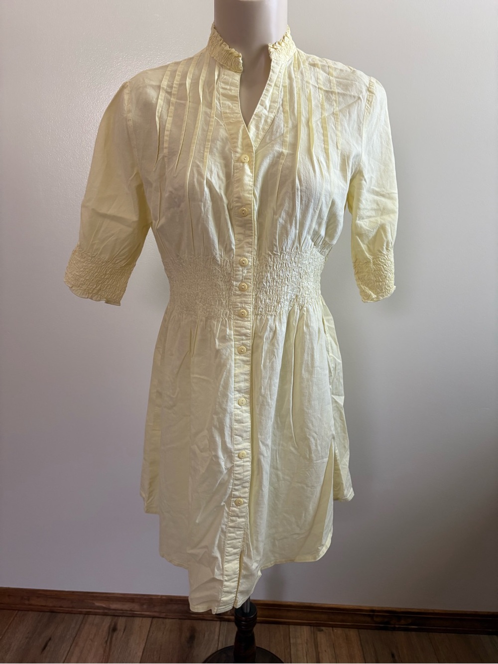 S Line Yellow Button Down Front Cotton Light Airy Dress